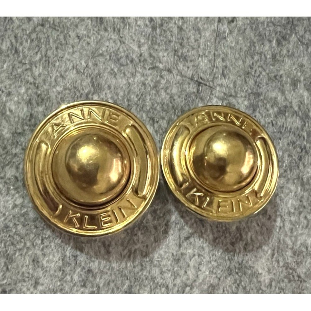 Vtg Signed Anne Klein Logo Haute Couture Gold Tone Runway Clip On Earrings